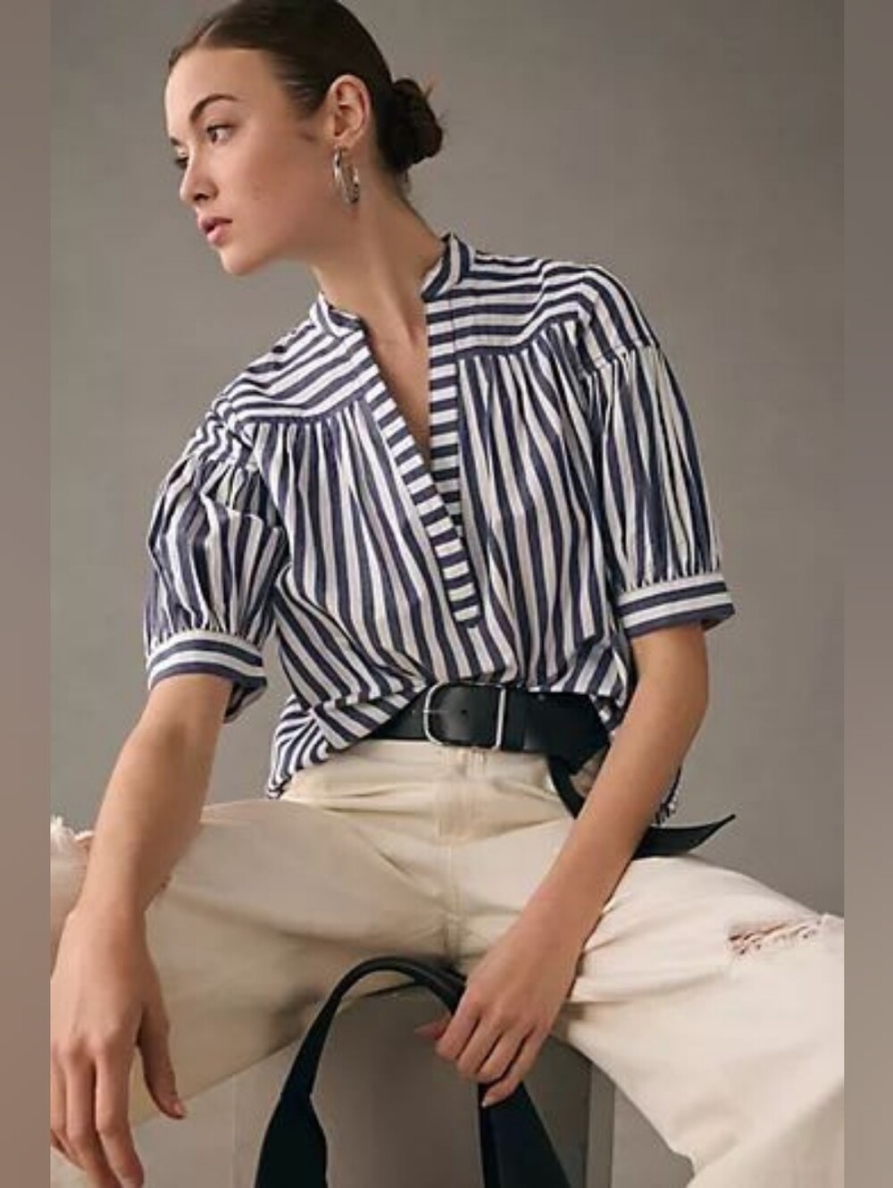 Anthropologie 100% Cotton Navy and White Striped Puff-Sleeve Blouse Size 1X